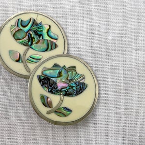 Mother of Pearl Silver Abolone Rose Inlay Earrings PAIR Mexico Alpaca Vintage 1970s 1980s Jewelry image 7