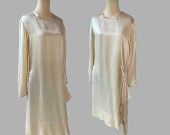 Antique Ivory Cream Mulberry Silk Flapper Dress Vintage 1920s Bridal Womens Small AS IS