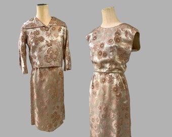 Taupe Floral Silk Brocade Suit Sheath Dress + Matching Jacket Vintage 1950s 1960s Womens XS 24 Waist