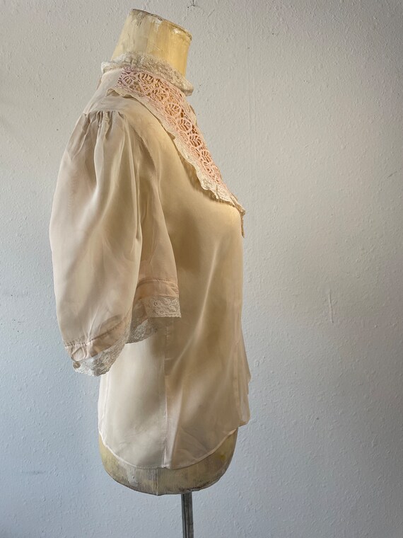 Sheer Pale Peach Nude Blouse with Lace Bib Collar… - image 3