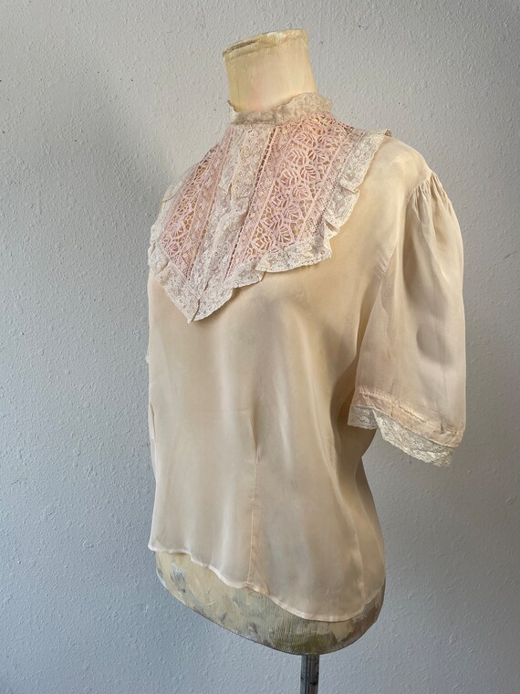 Sheer Pale Peach Nude Blouse with Lace Bib Collar… - image 6