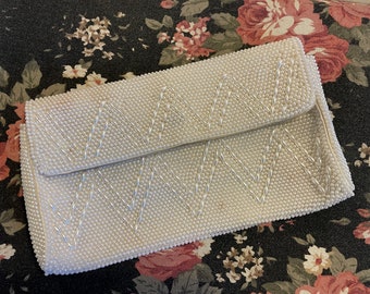 Pearly Beaded Clutch Small Off White Evening Bag Vintage 1960s Made in Japan