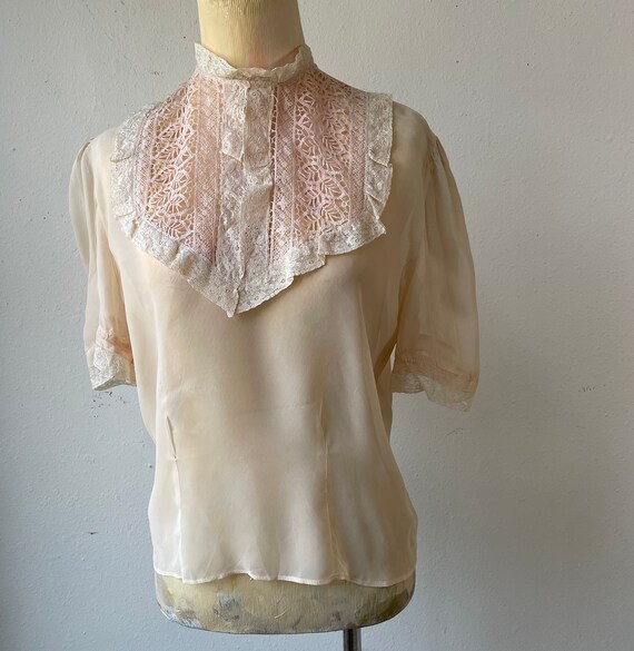 Sheer Pale Peach Nude Blouse with Lace Bib Collar… - image 5