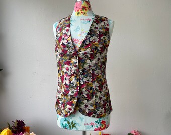 Saks Fifth Ave Mulberry Silk Watercolor Floral Vest Plum Blue Gold Ecru Vintage 1970s Womens Small Med