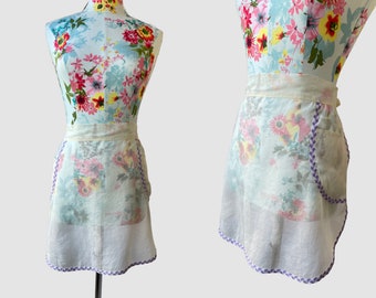 Sheer Cotton Lawn Hostess Half Apron with Lilac Purple and Gold Trim Vintage 1950s Womens XS
