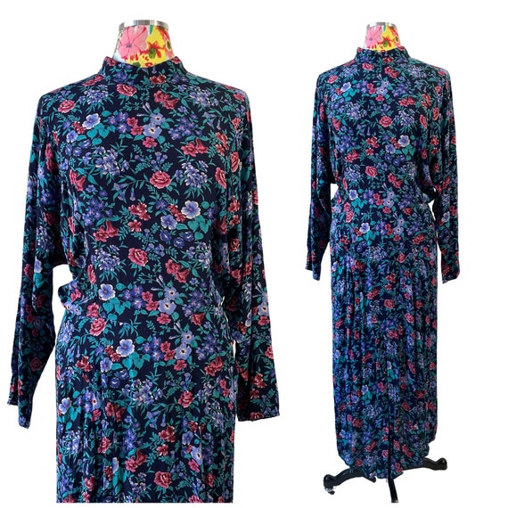 Karin Stevens Dark Floral Long Sleeve Rayon Dress… - image 1