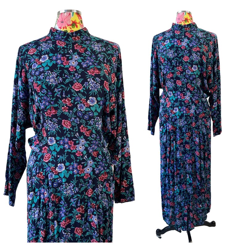 Karin Stevens Dark Floral Long Sleeve Rayon Dress Vintage 1980s 1990s Womens image 1