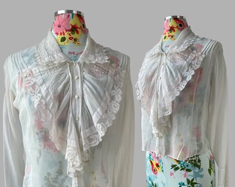 Antique Edwardian Cotton Voile Lace Antique White Armistice Blouse  Small Medium