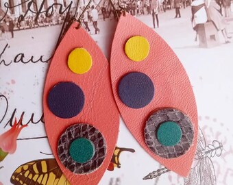 Genuine Leather Coral Tones Petals With Colorful Leather Circles Earrings