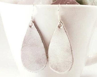 Leather metallic silver tone earrings on sterling silver hooks