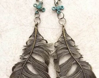 Large Feather Charms Earrings, Celtic Knots, Antique Bronze, Large Indian Feather, Vintage Jewelry