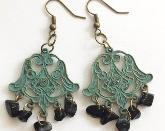 Turquoise Color Hand Painted Filigree Earrings, Obsidian Chip Beads, Antique Brass, Vintage Style