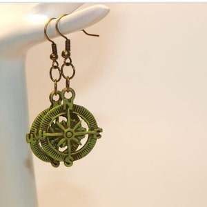 Antique Brass Pastel Lime Green Compass Charms Boho Style Earrings, Vintage Style, Hand Painted Metal image 2