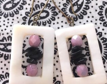 Mother of Pearl Rectangle Earrings with Lavender Purple Luster Glass Czech Beads and small Obsidian Chip Beads on Antique Brass Earwires