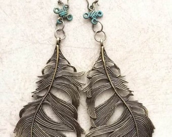 Large Feather Charms Earrings, Celtic Knots, Antique Bronze, Large Indian Feather, Vintage Jewelry