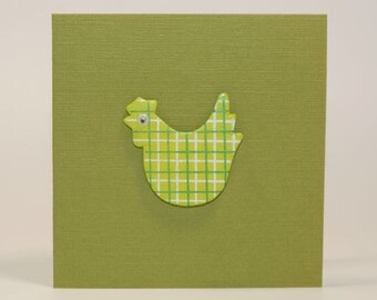 Green Mini Card With Wooden Green Chicken With Checkered Pattern and Wobbly Eye