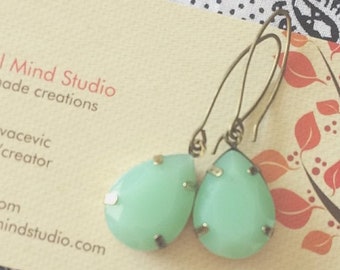 Teardrop Aqua Green Glass Stone Earrings Charms, Vintage Style Earrings, Vintage Brass Ear wires