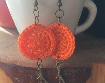 Orange Handmade Crocheted Circle Appliques With Antiqued Brass Finish Branch with Plum Flower Charm Earrings