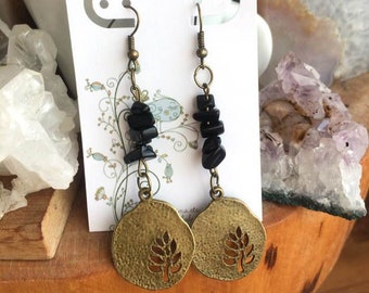 Antiqued Brass finish Tree disk Charms Earrings with Obsidian Chips Beads