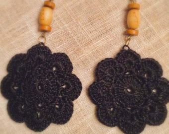 SALE! Black Beauty Crochet Earrings with Wooden Beads on Brass Hooks