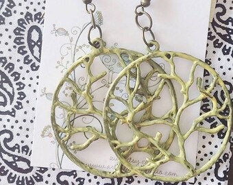 Yellow 'Tree of life'  faux patina earrings