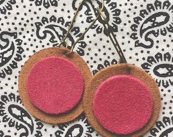 Genuine Leather/Suede Circle Fuchsia Pink and Light Brown Color on Antique Brass Ear hooks