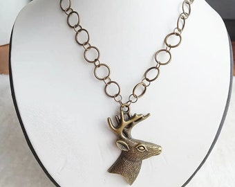 Forest Spirit Necklace, Vintage Brass, Fawn Charm, Wildlife Animal