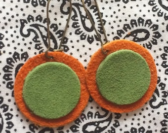 Genuine Leather/Suede Circle Orange and Pastel Green Colour on Antique Brass Earhooks, Bohemian Style