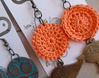 Pastel Orange Crocheted Circle Earrings, Birds Charms, Vintage brass