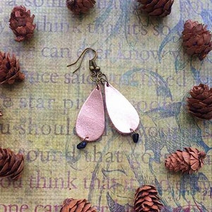 Leather bronze toned earrings on antique brass earhooks, Obsidian chip beads image 2