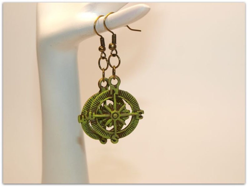 Antique Brass Pastel Lime Green Compass Charms Boho Style Earrings, Vintage Style, Hand Painted Metal image 2