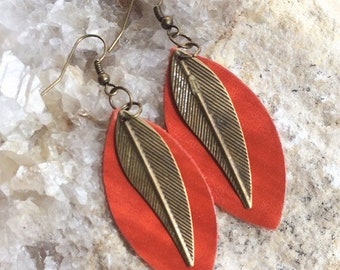 Deep orange leather petal shaped earring with vintage brass feather charms, Handmade earrings, Bohemian style, Boho