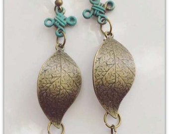 Turquoise Hand Painted Bee Charms on Antique Brass Leaf Charms and Turquoise Hand Painted Celtic Knot Charms Earrings