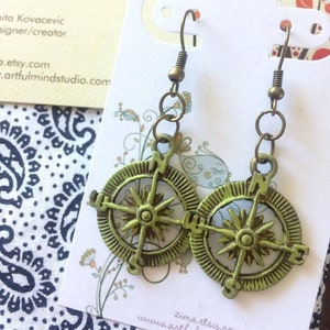 Antique Brass Pastel Lime Green Compass Charms Boho Style Earrings, Vintage Style, Hand Painted Metal image 1