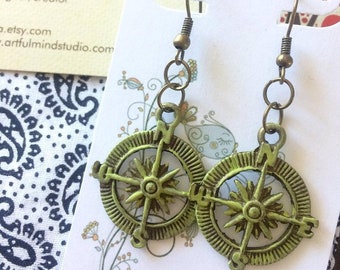 Antique Brass Pastel Lime Green Compass Charms Boho Style Earrings, Vintage Style, Hand Painted Metal