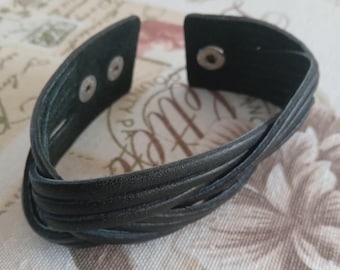 Leather Braided Wrap Bracelet, Simple Black Cuff, Genuine Leather