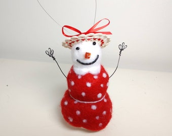 Snowwoman Christmas Ornament, Needle Felt, Red Dress