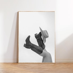 Cowgirllaarzen en cowgirlhoed afdrukken zwart-wit bar kar decor digitale download western cadeau voor vrouw Decor slaapzaal