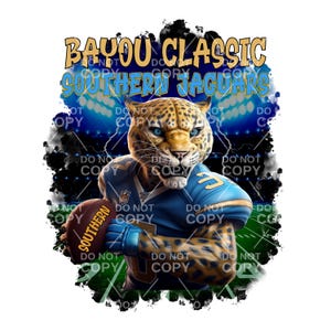 May include: A cartoon jaguar wearing a blue and gold football uniform with the text "Southern" on the football. The jaguar is holding the football and has a fierce expression on its face. The background is a dark blue and black with white lightning bolts and stadium lights. The text "Bayou Classic" and "Southern Jaguars" is at the top of the image.