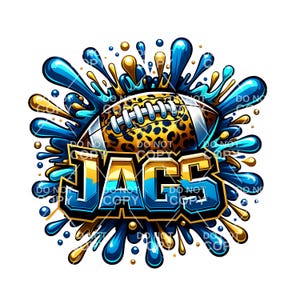 May include: A blue, gold, and black graphic design with a football in the center. The football is covered in a leopard print pattern. The text "JAGS" is written in a bold, stylized font.