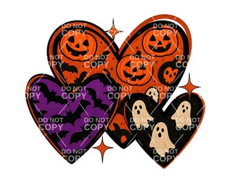 May include: A Halloween-themed design featuring four heart shapes. The hearts are orange with jack-o'-lanterns, purple with bats, and black with ghosts. The words "DO NOT COPY" are repeated throughout the design.