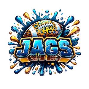 May include: A blue and gold graphic with the word "JAGS" in a bold, 3D font. A football with a leopard print design is behind the word. The graphic is surrounded by blue and yellow paint splatters.