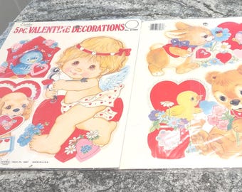 Vintage (5) Piece Valentine Cardboard Diecut Decorations - Eureka Brand - New, Old Stock, Still Sealed - Cupid, Puppy, Bird, Bunny and Bear