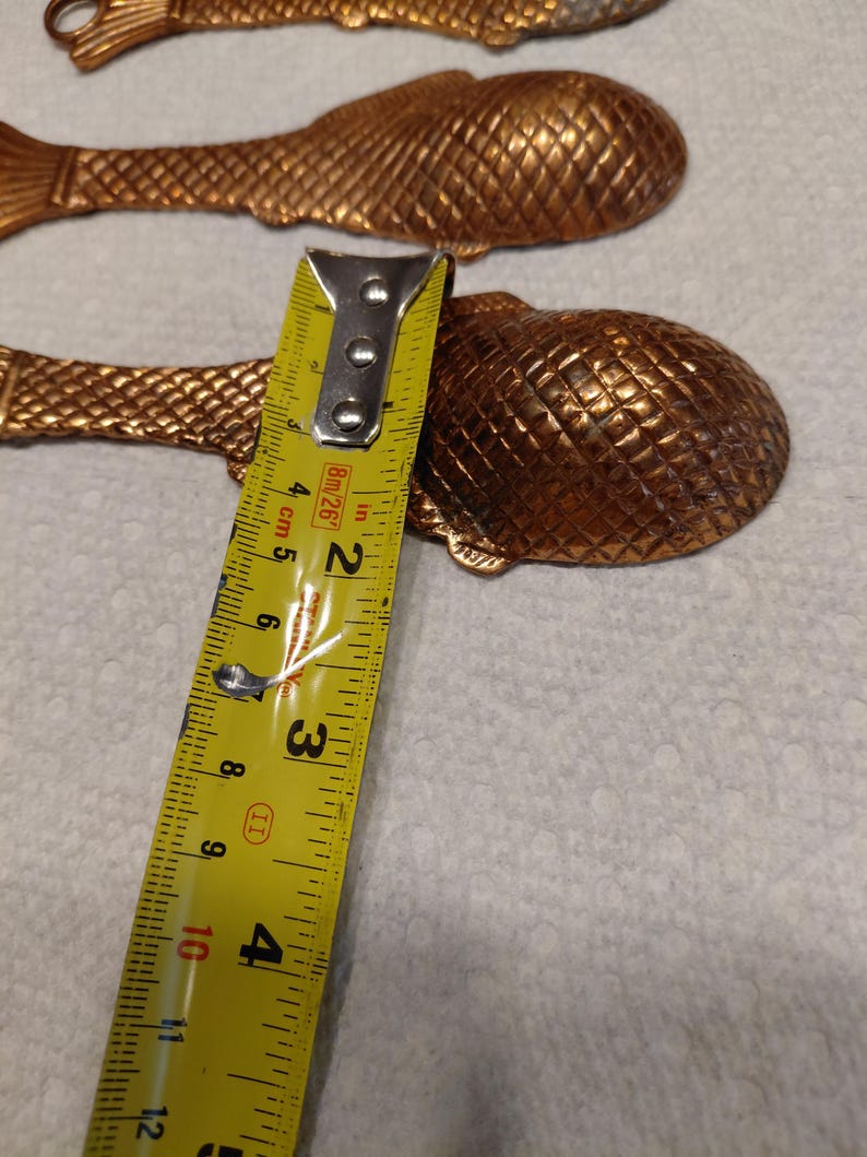 May include: Bronze-colored fish-shaped spoons with textured scales. A yellow measuring tape shows the spoon is approximately 4 inches long. The spoons are arranged on a white surface.