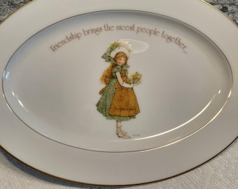 Vintage - Holly Hobbie Serving Platter - Green Girl Pattern -  Oval 14" - 1974 - Made in Japan - EUC