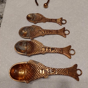 May include: A set of four bronze-colored fish-shaped measuring spoons, labeled 1/4 TSP, TSP, and Tbsp, with a small ring for hanging. A bronze-colored hook is also included. The spoons have a textured scale pattern.