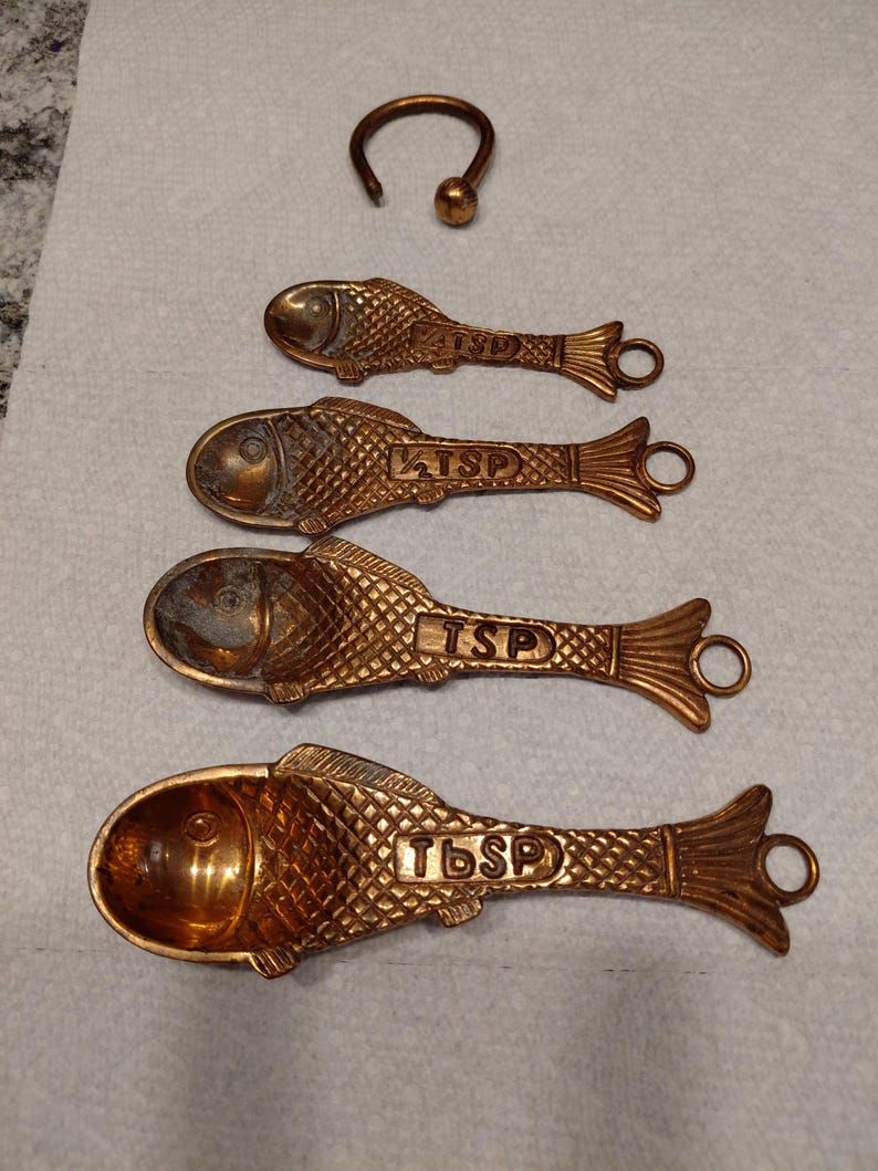 May include: A set of four bronze-colored fish-shaped measuring spoons, labeled 1/4 TSP, TSP, and Tbsp, with a small ring for hanging. A bronze-colored hook is also included. The spoons have a textured scale pattern.