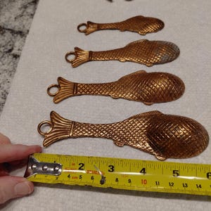May include: Four bronze-colored fish-shaped spoons and a small hook. The spoons are approximately 5 inches long. The spoons have a textured scale pattern and a loop at the tail end. The hook has a small ball at the end.