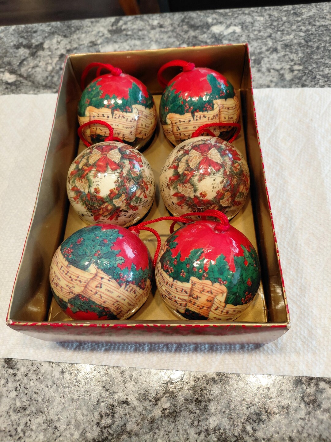 Vintage - Set of (6) Musical Decoupage Ornaments - in Original Box ...