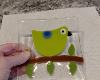 Vintage - Plato decorativo de vidrio fusionado - Motivo de pájaro - Muy buen estado